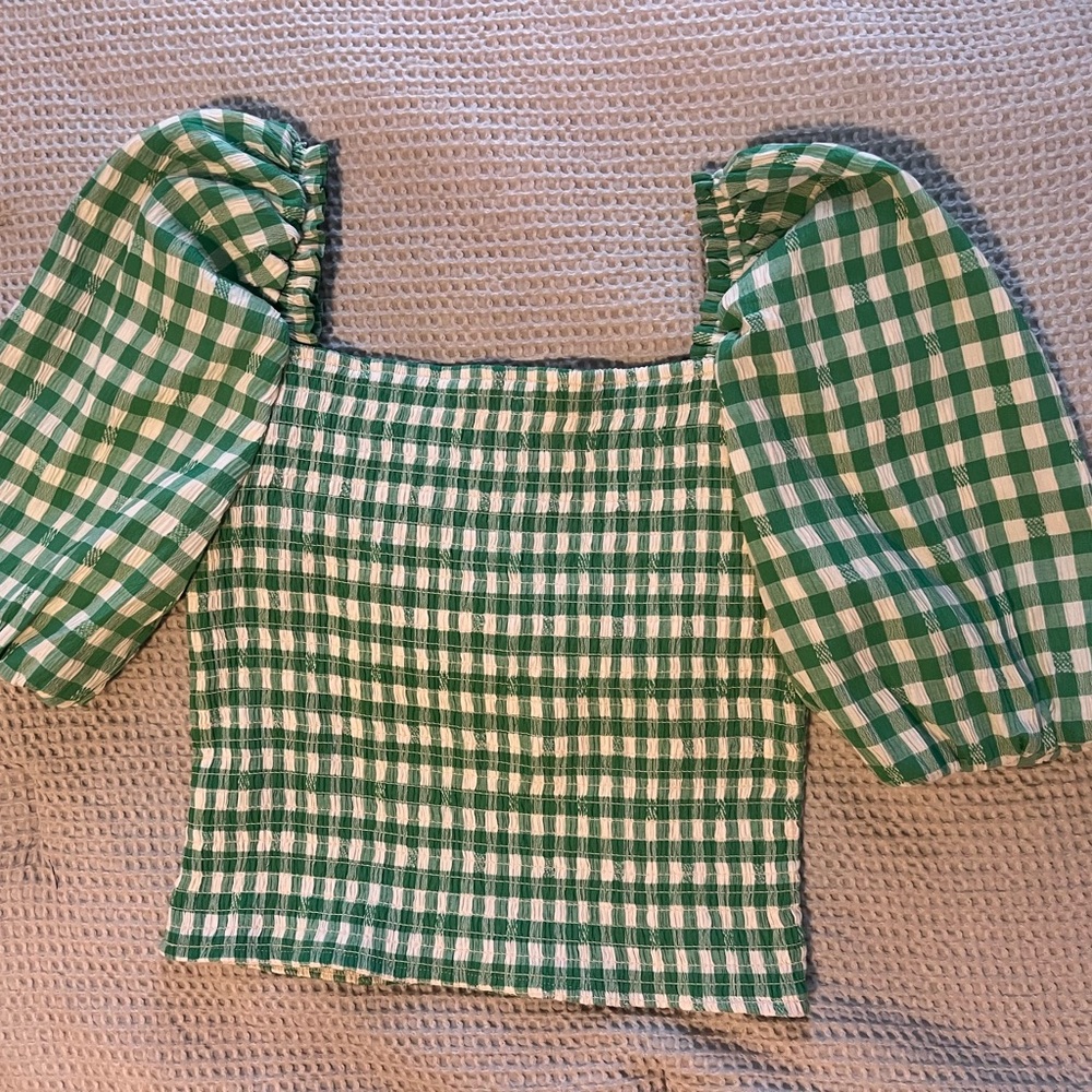 BB Dakota by Steve Madden Gingham Green Puff Sleeve Smocked Blouse